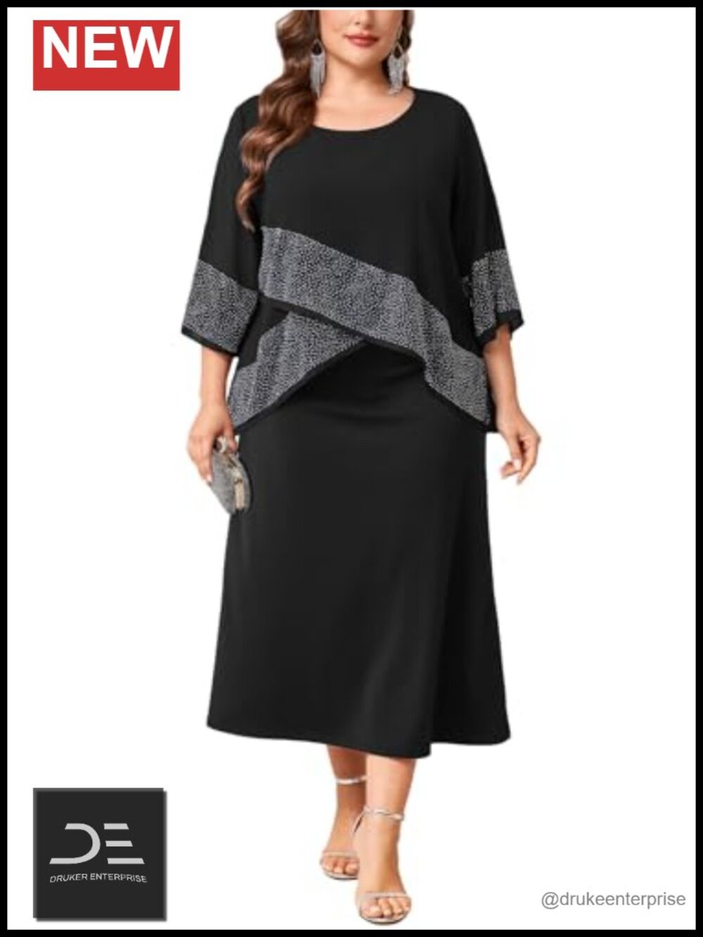 Plus Size Chiffon Overlay Rhinestone A-Line Formal Dress Tea Length